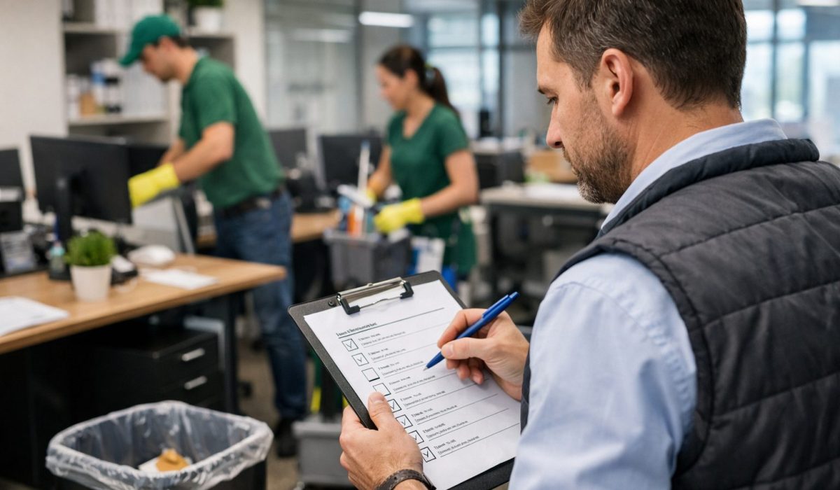 Responsable contrôlant la checklist après le passage d’une équipe de nettoyage dans des bureaux modernes