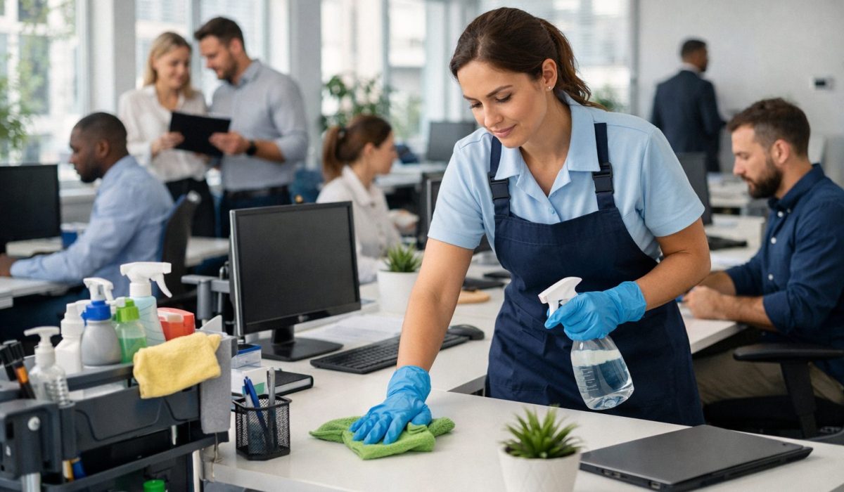 Agent d’entretien nettoyant un bureau dans un open space occupé pour illustrer la bonne fréquence d’entretien des bureaux selon l’occupation