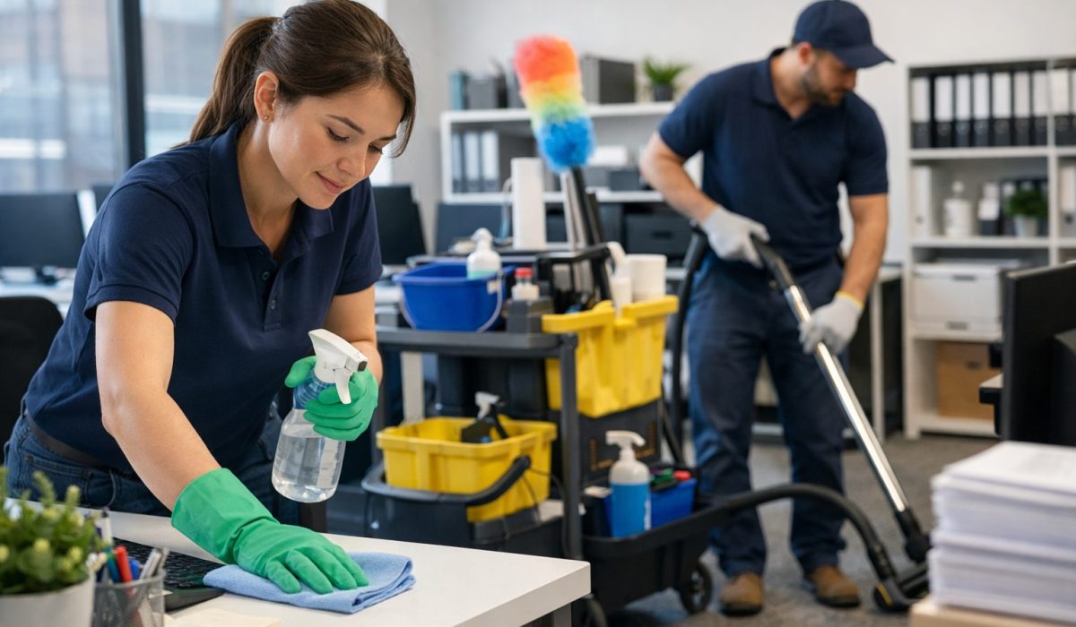 Agent d’entretien nettoyant un bureau pendant qu’un collègue passe l’aspirateur dans des locaux professionnels propres et organisés