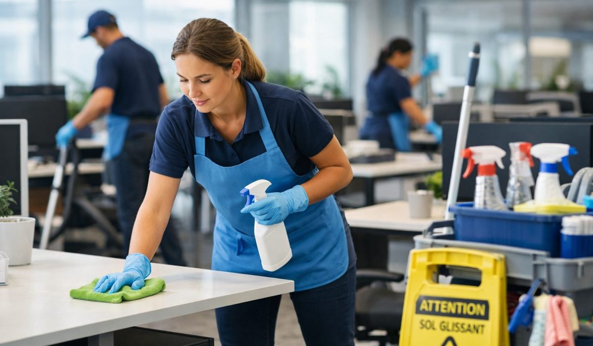Agent d’entretien nettoyant un bureau dans un open space moderne pour adapter la propreté à un effectif variable