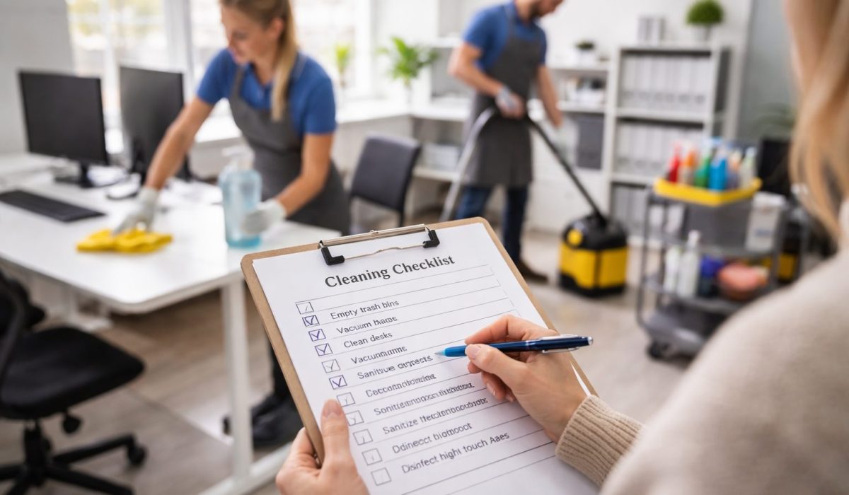 Suivi simple de l’entretien de bureaux avec checklist de nettoyage dans un open space moderne