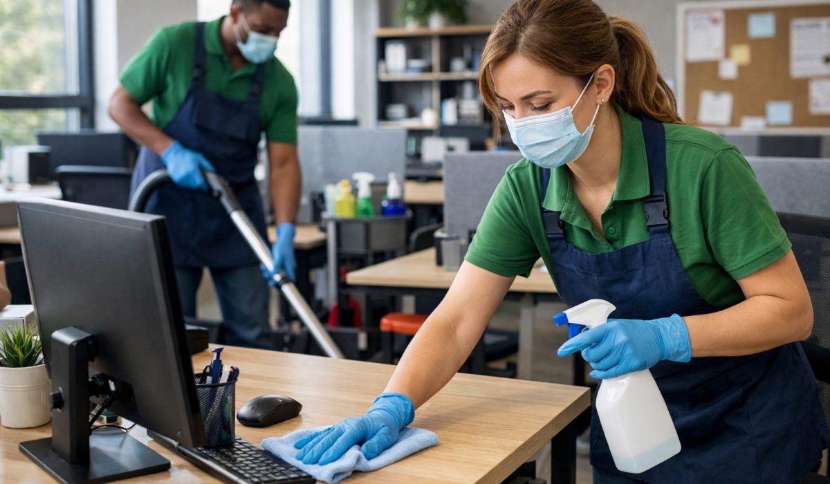 Agent d’entretien nettoyant un poste de travail dans un bureau partagé pendant l’entretien quotidien des espaces communs