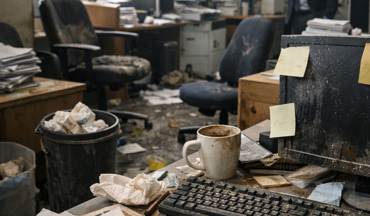 Bureau professionnel très sale et mal entretenu montrant les conséquences d’un entretien trop rare sur les coûts à long terme