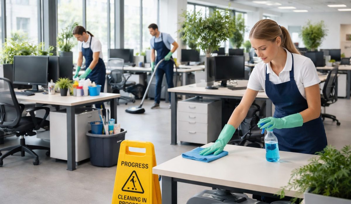 Agent d’entretien nettoyant un bureau dans un open space moderne avec équipe de nettoyage professionnelle en arrière-plan