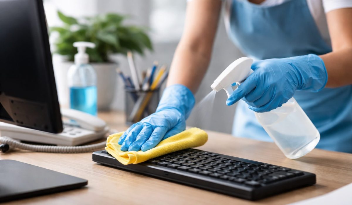 Agent de nettoyage désinfectant un clavier de bureau pour assainir les points de contact prioritaires en entreprise