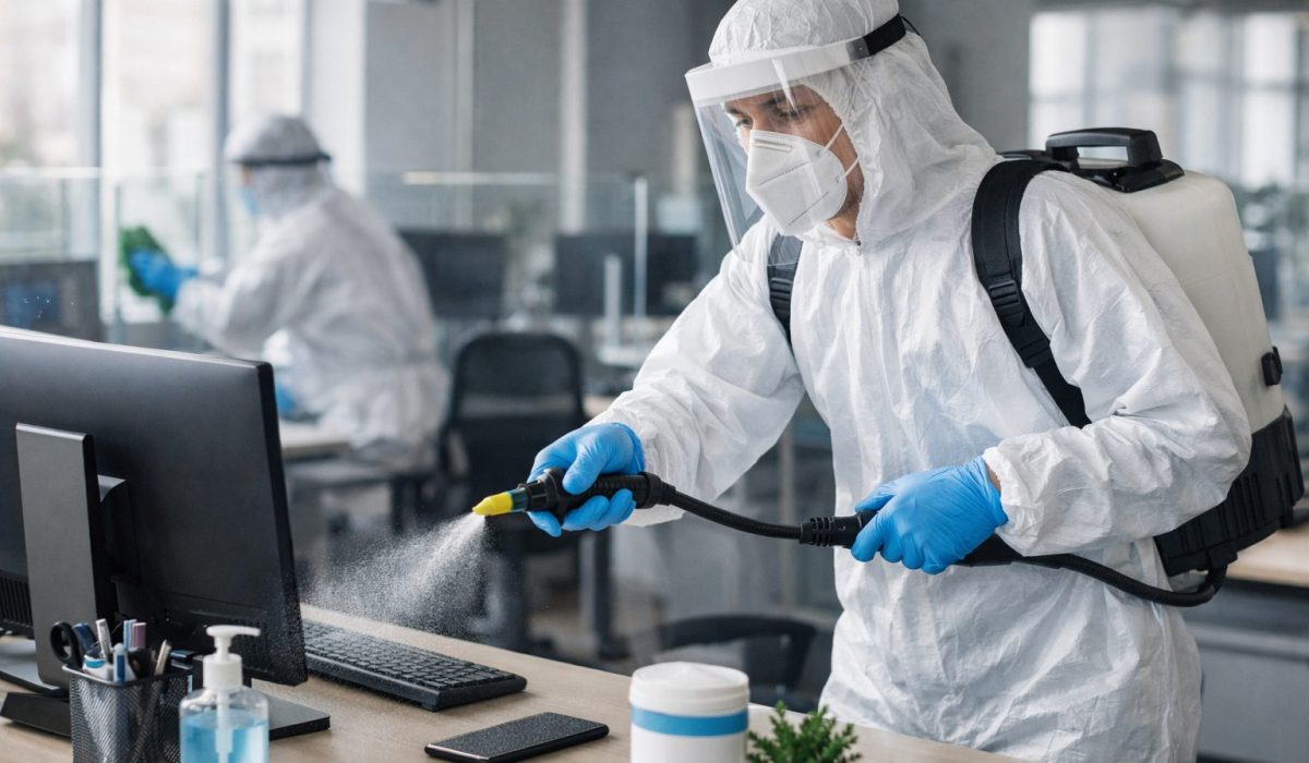 Agent d’entretien désinfectant un poste de travail dans un bureau moderne avec une méthode renforcée et mesurée