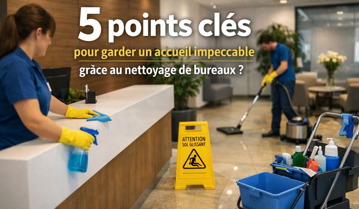 Agent d’entretien nettoyant un accueil d’entreprise moderne pour garantir une réception propre et impeccable dans des bureaux professionnels.