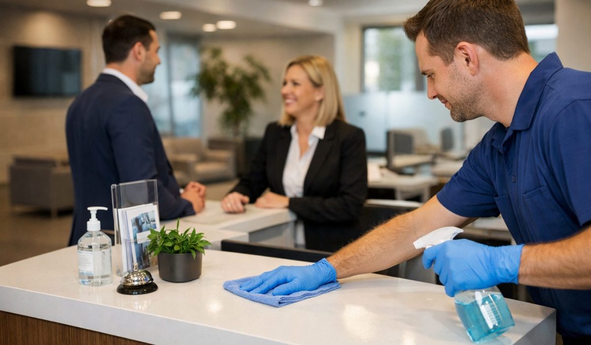Agent d’entretien nettoyant le comptoir d’un bureau d’accueil moderne pendant qu’une réceptionniste échange avec des clients dans un espace professionnel propre et rassurant.