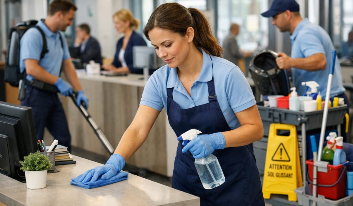 Équipe d’entretien nettoyant l’accueil de bureaux ouverts au public dans un espace professionnel moderne