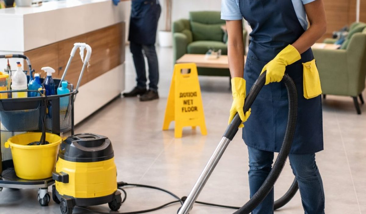 Agent d’entretien nettoyant une zone de réception de bureaux moderne avec aspirateur et comptoir d’accueil propre