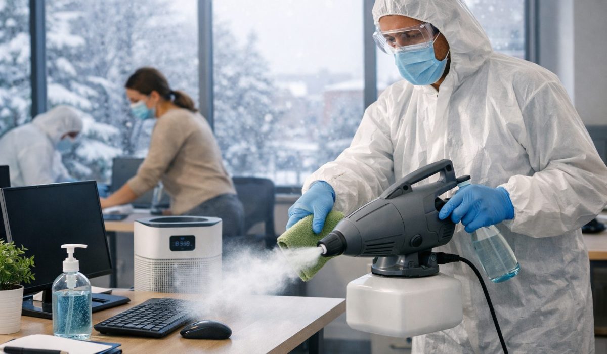 Agent de nettoyage en tenue de protection désinfectant un bureau en période hivernale dans un espace de travail moderne
