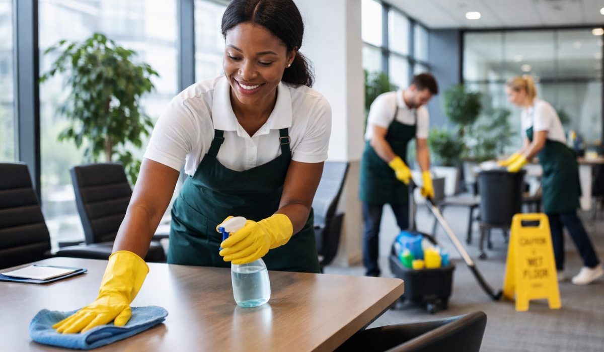 Agent d’entretien nettoyant une salle de réunion dans des bureaux avec passage client