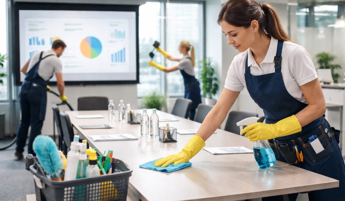 Équipe de nettoyage préparant une salle de réunion de bureau avant une présentation importante