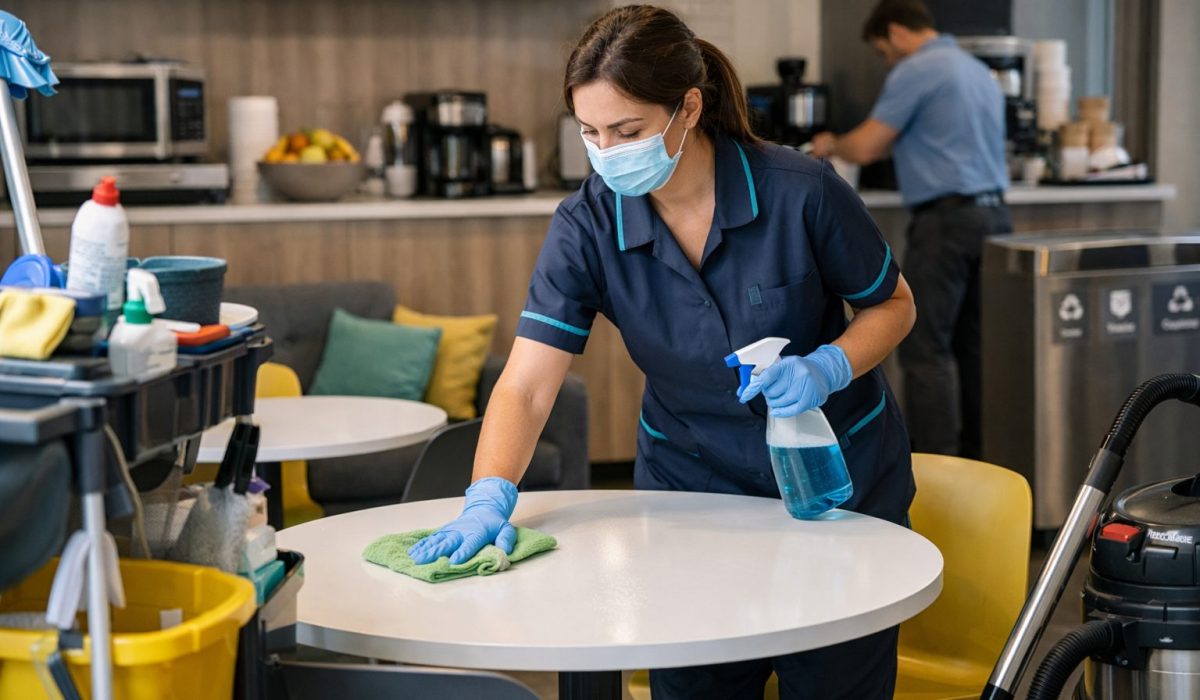 Agent d’entretien nettoyant une table dans un espace de pause de bureaux avec cuisine partagée en entreprise