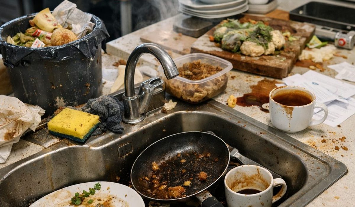 Cuisine de bureaux mal entretenue avec évier sale, vaisselle accumulée, restes alimentaires et poubelle pleine