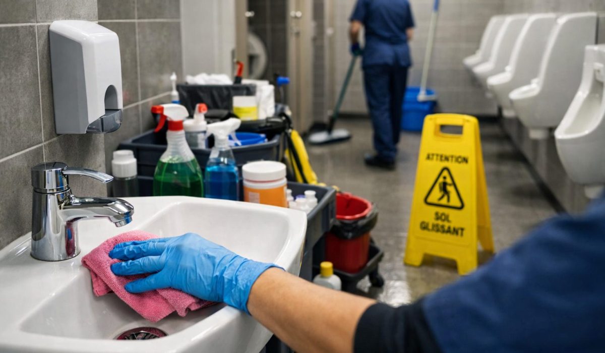 Agent d’entretien nettoyant un lavabo dans les sanitaires de bureaux avec chariot de ménage et panneau sol glissant