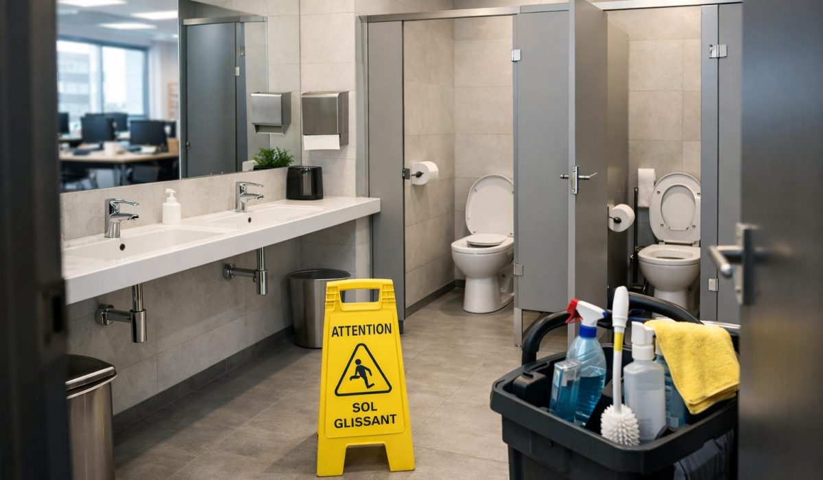 Sanitaires de bureaux propres et impeccables dans une entreprise moderne avec matériel de nettoyage professionnel