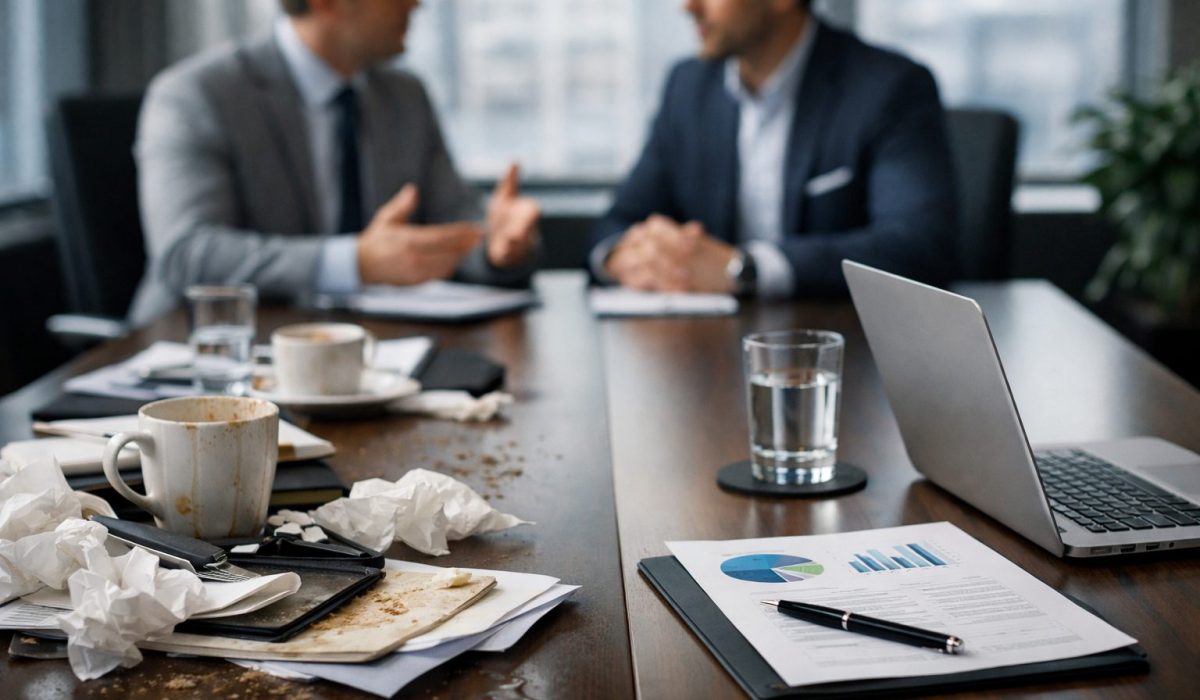 Salle de réunion propre et désordonnée en comparaison lors d’un rendez-vous commercial entre deux professionnels