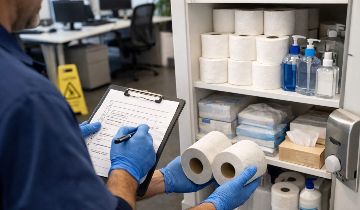 Agent d’entretien contrôlant les consommables d’hygiène dans les sanitaires d’un bureau moderne