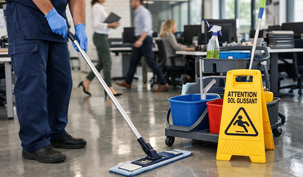Agent d’entretien nettoyant le sol d’un bureau très fréquenté avec une autolaveuse professionnelle