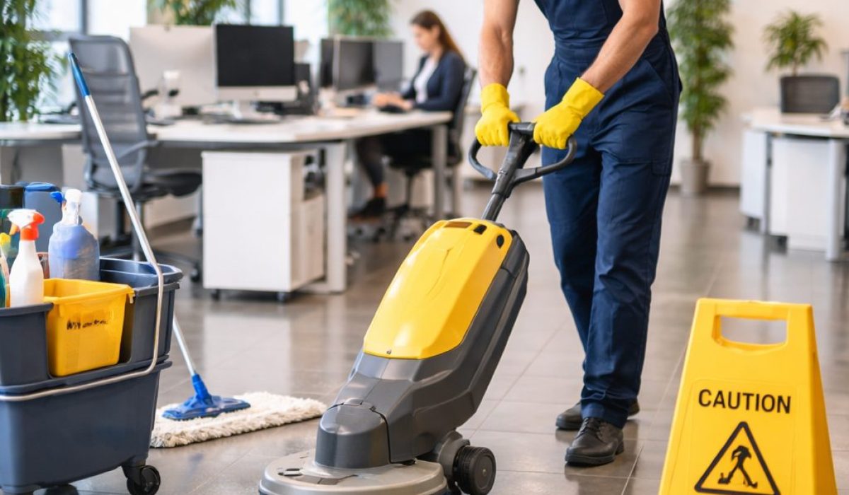 Agent d’entretien nettoyant le sol d’un bureau moderne avec une autolaveuse sur surface carrelée et PVC