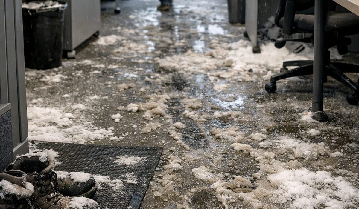Sol de bureau sali en hiver avec traces de chaussures humides, boue et passage intensif dans un open space professionnel