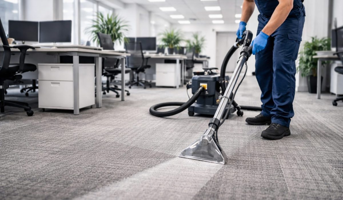 Agent de nettoyage en train d’entretenir une moquette de bureau avec une machine professionnelle dans un open space moderne