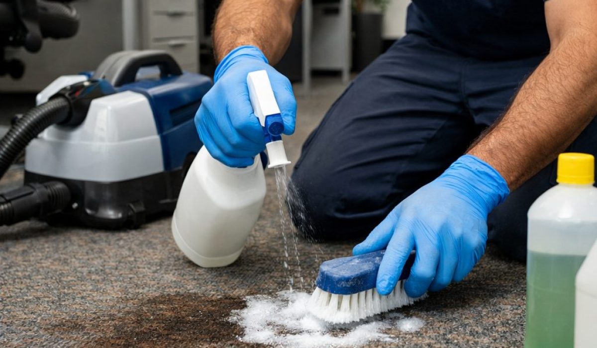 Agent de nettoyage de bureaux en train de traiter une tache sur moquette avec un produit détachant et une brosse dans un bureau moderne