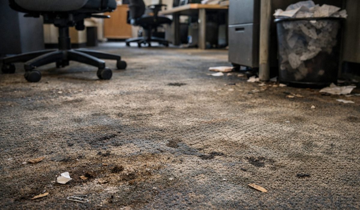 Entretien insuffisant de bureaux montrant l’usure prématurée d’un revêtement textile dans une zone de passage