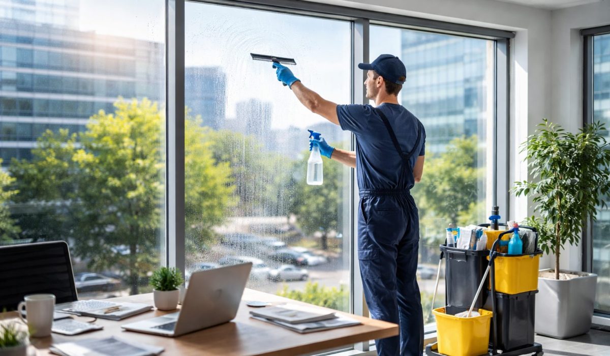 Agent d’entretien nettoyant une grande baie vitrée dans un bureau moderne lumineux pour renforcer la propreté des locaux professionnels