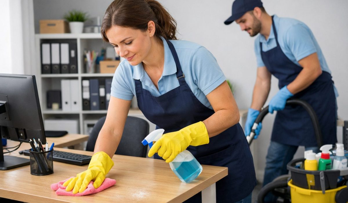 Agent d’entretien nettoyant un bureau de petite surface avec mobilier professionnel dans des locaux propres et bien organisés