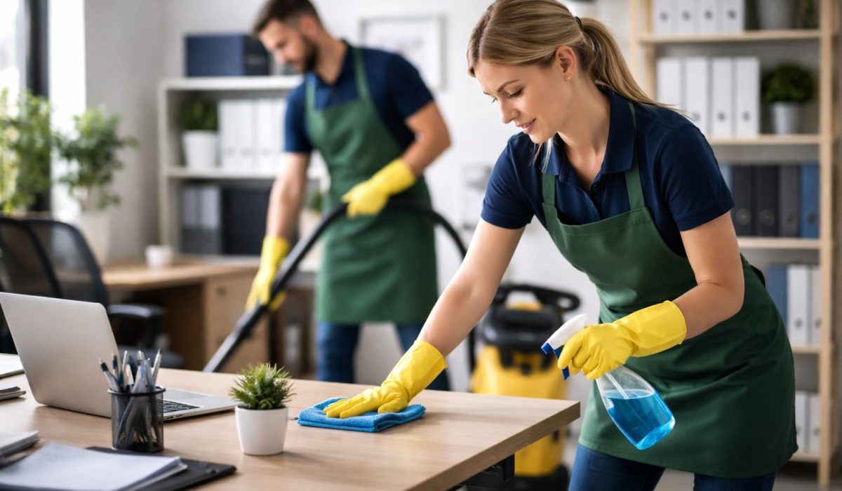 Nettoyage précis de bureaux dans une petite structure avec surfaces impeccables, poste de travail ordonné et environnement professionnel très soigné