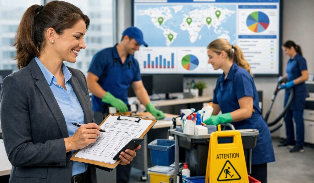 Responsable supervisant une équipe de nettoyage dans des bureaux multisites avec tableau de suivi qualité