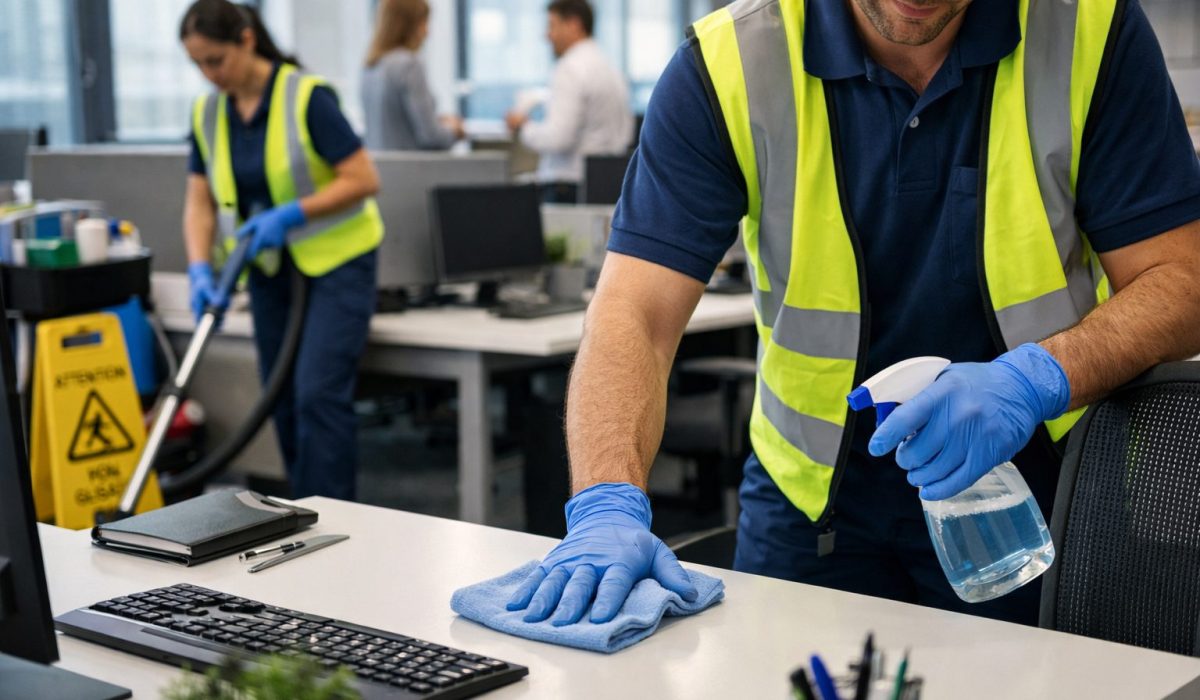 Propreté standardisée dans des bureaux professionnels sur plusieurs sites avec espace de travail moderne, surfaces nettes et environnement parfaitement entretenu