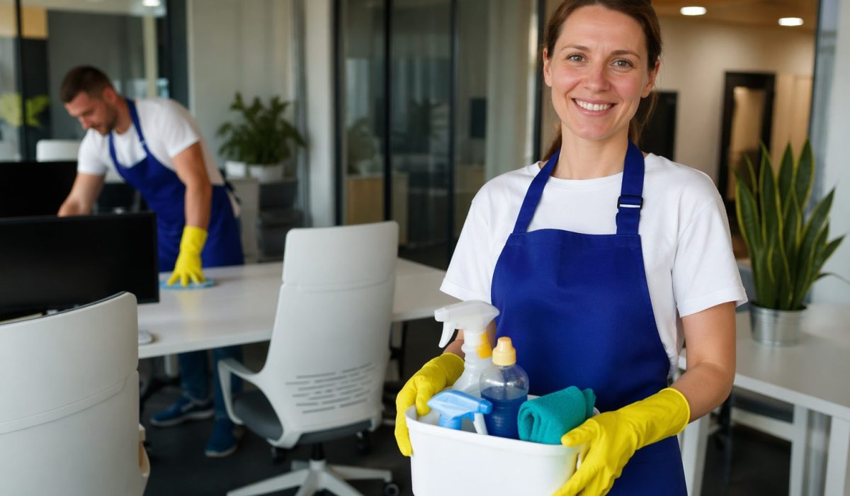 Équipe de nettoyage dans un bureau moderne local en train d’assurer l’entretien professionnel des espaces de travail