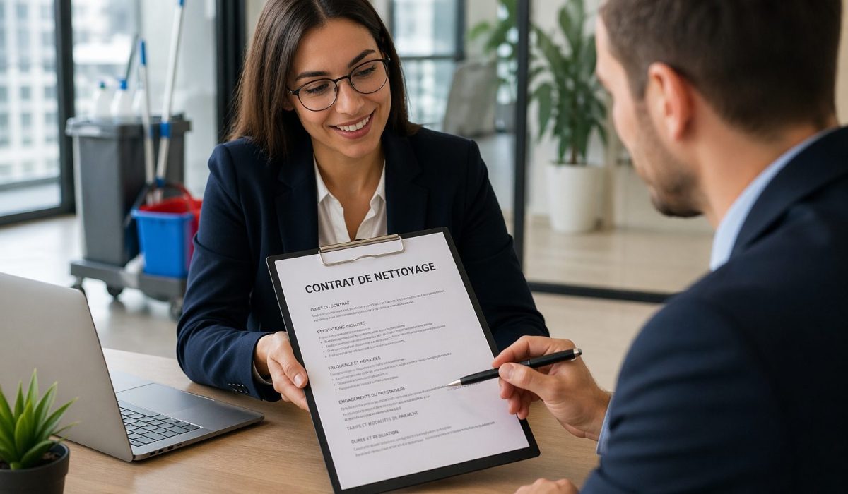 Deux professionnels en réunion dans un bureau moderne analysent un contrat de nettoyage de bureaux.