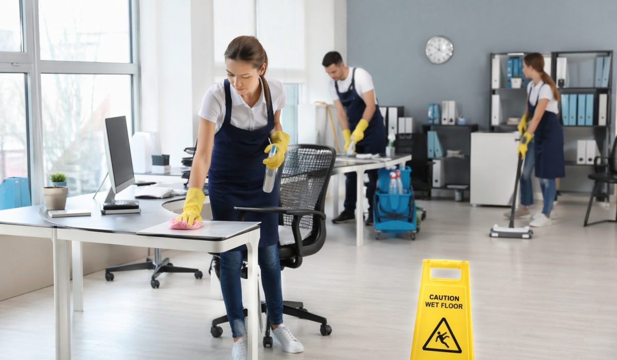 Équipe de nettoyage dans un bureau moderne illustrant la flexibilité d’un contrat de nettoyage de bureaux modulable
