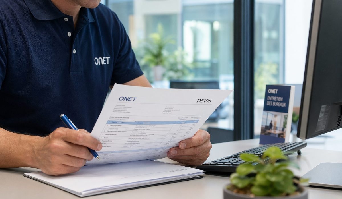 Employé analysant un devis détaillé d’entretien de bureaux dans un espace de travail moderne et propre