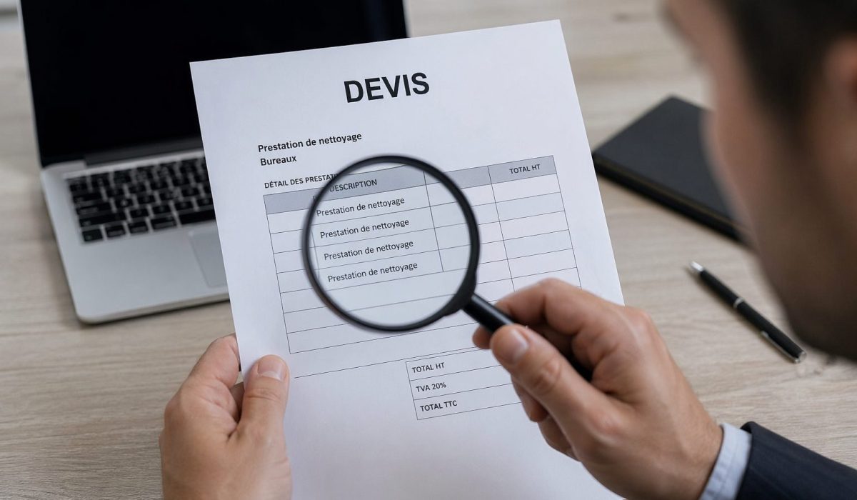 Personne analysant un devis de nettoyage de bureaux avec une loupe sur un bureau professionnel