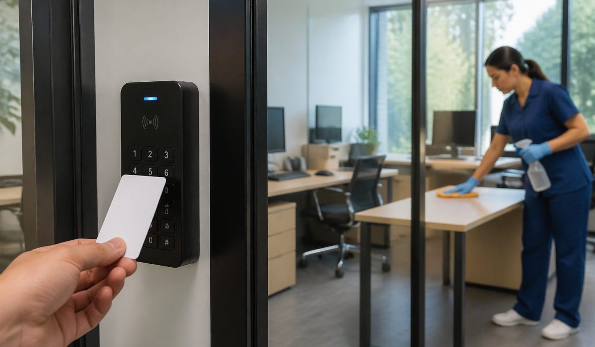 Agent de nettoyage dans un bureau moderne derrière une porte vitrée sécurisée par lecteur de badge pour contrôler un accès sensible