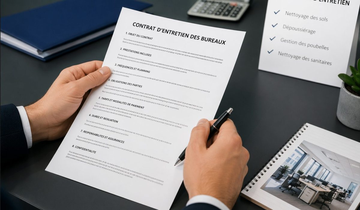 Personne relisant un contrat d’entretien de bureaux avec les clauses importantes sur un bureau professionnel