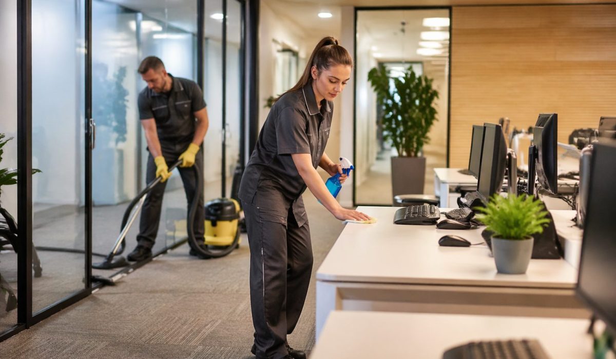 Agent d’entretien nettoyant un bureau moderne pendant qu’un collègue aspire le sol pour améliorer la réactivité en entreprise