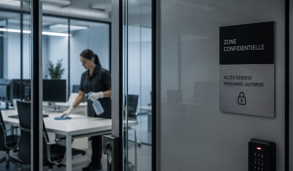 Agent d’entretien nettoyant un bureau dans une zone confidentielle avec accès réservé au personnel autorisé