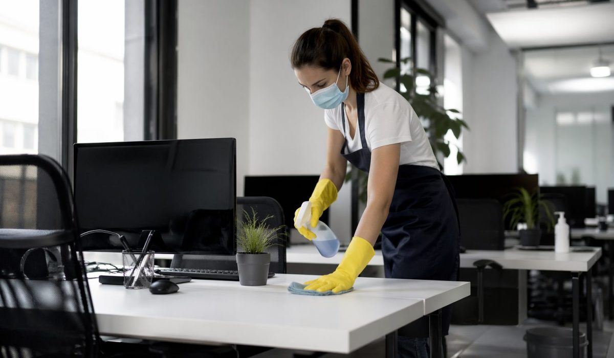 Agent d’entretien nettoyant un poste de travail dans un bureau moderne adapté au télétravail partiel