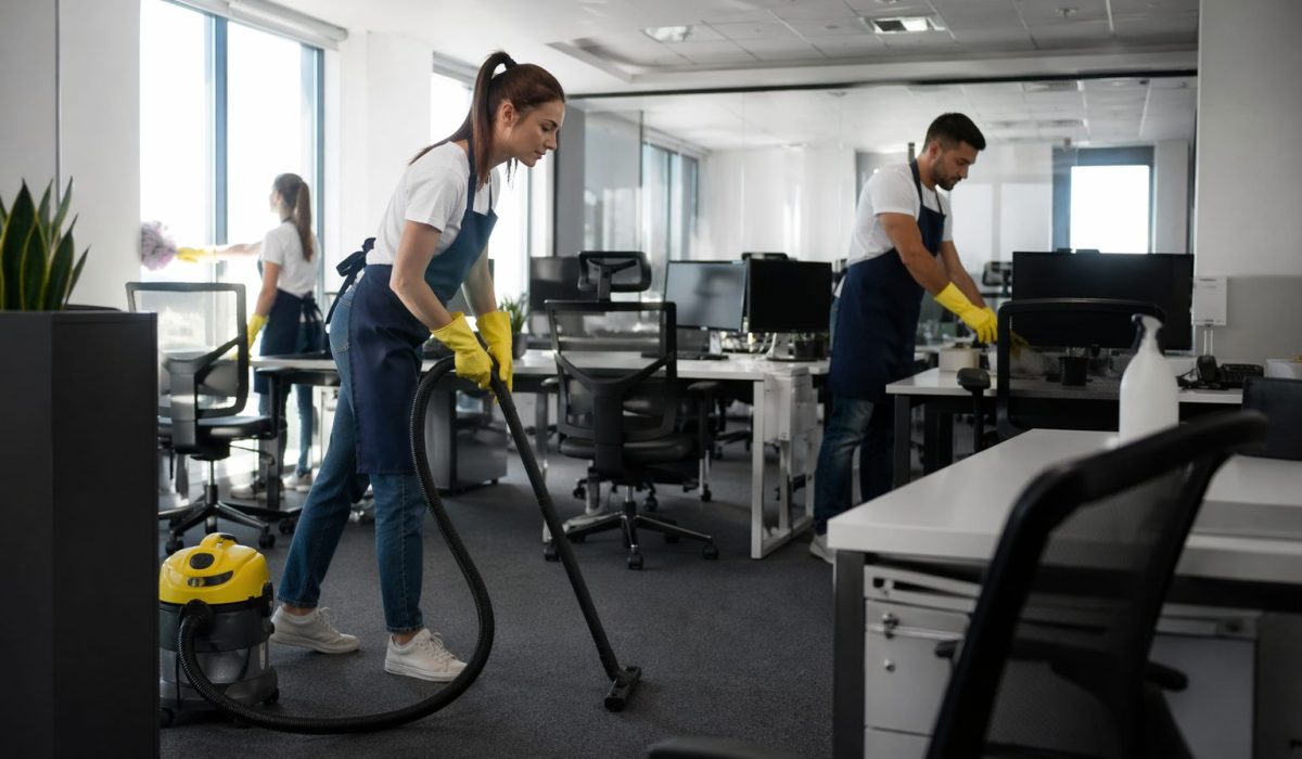 Agent d’entretien nettoyant un bureau moderne pour adapter la propreté au rythme réel d’occupation des espaces de travail