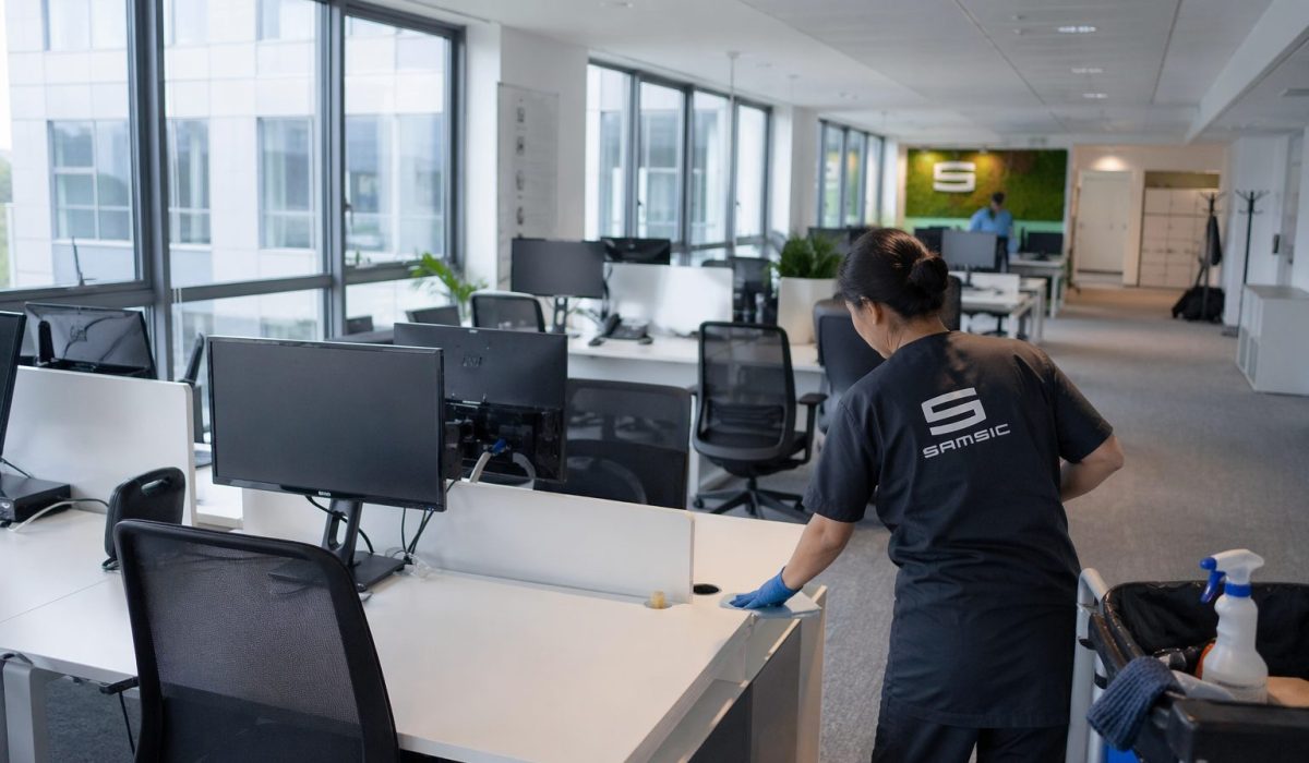 Agent d’entretien nettoyant un bureau dans un open space moderne avec présence partielle des salariés