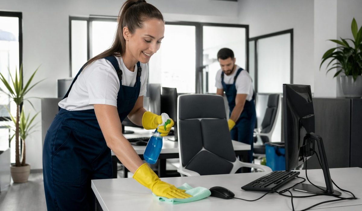 Agent d’entretien nettoyant un poste de travail dans un bureau en flex office moderne