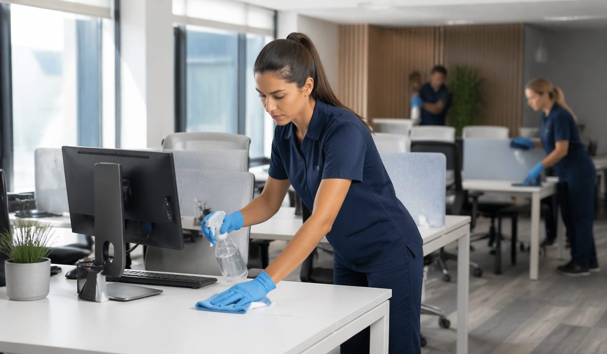 Agent d’entretien nettoyant un poste de travail partagé dans un open space moderne