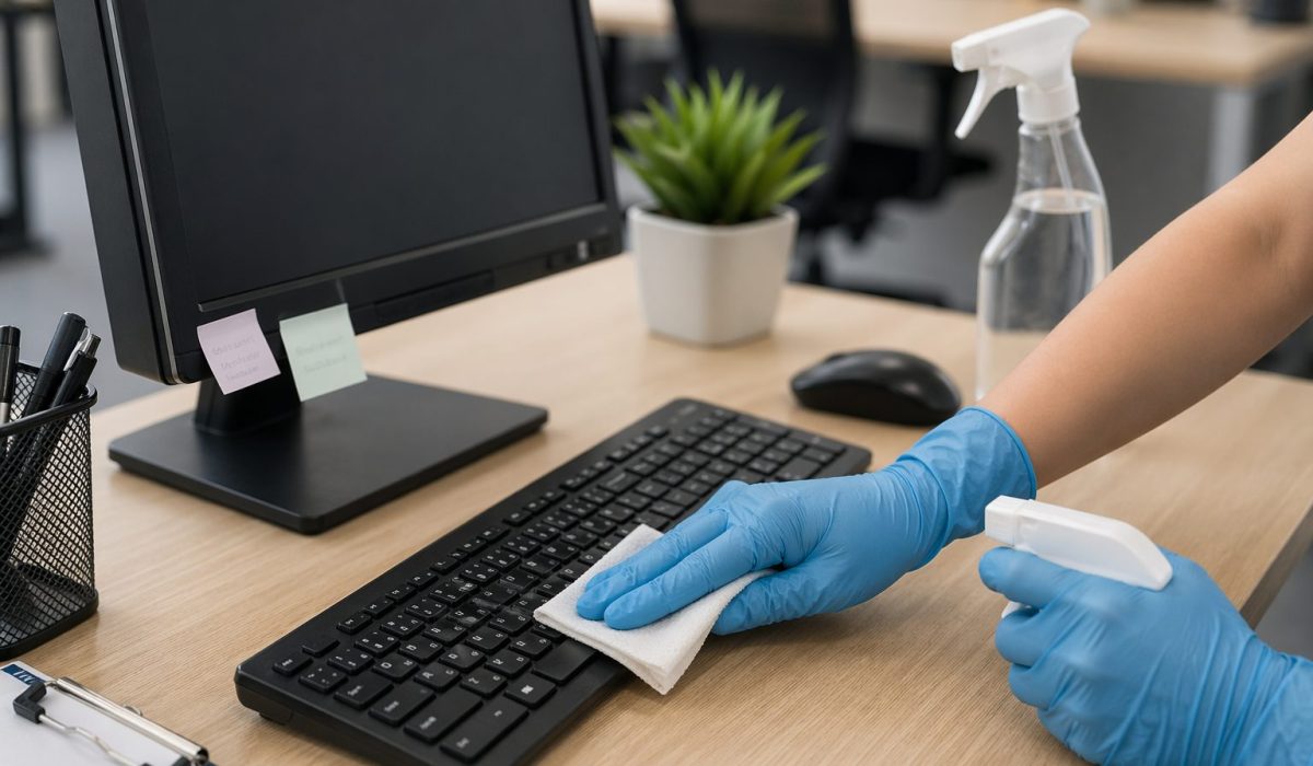 Agent de nettoyage désinfectant un clavier sur un bureau professionnel avec écran, souris et matériel informatique.