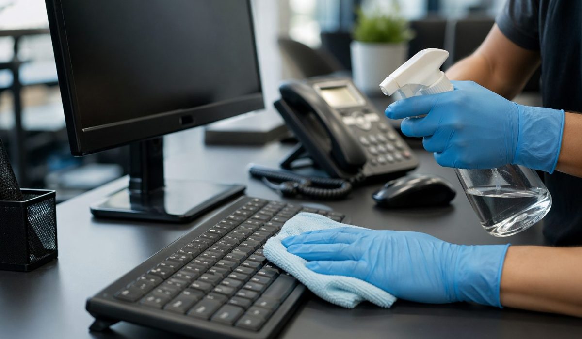 Nettoyage d’un bureau professionnel avec chiffon microfibre sans abîmer écran, téléphone et clavier